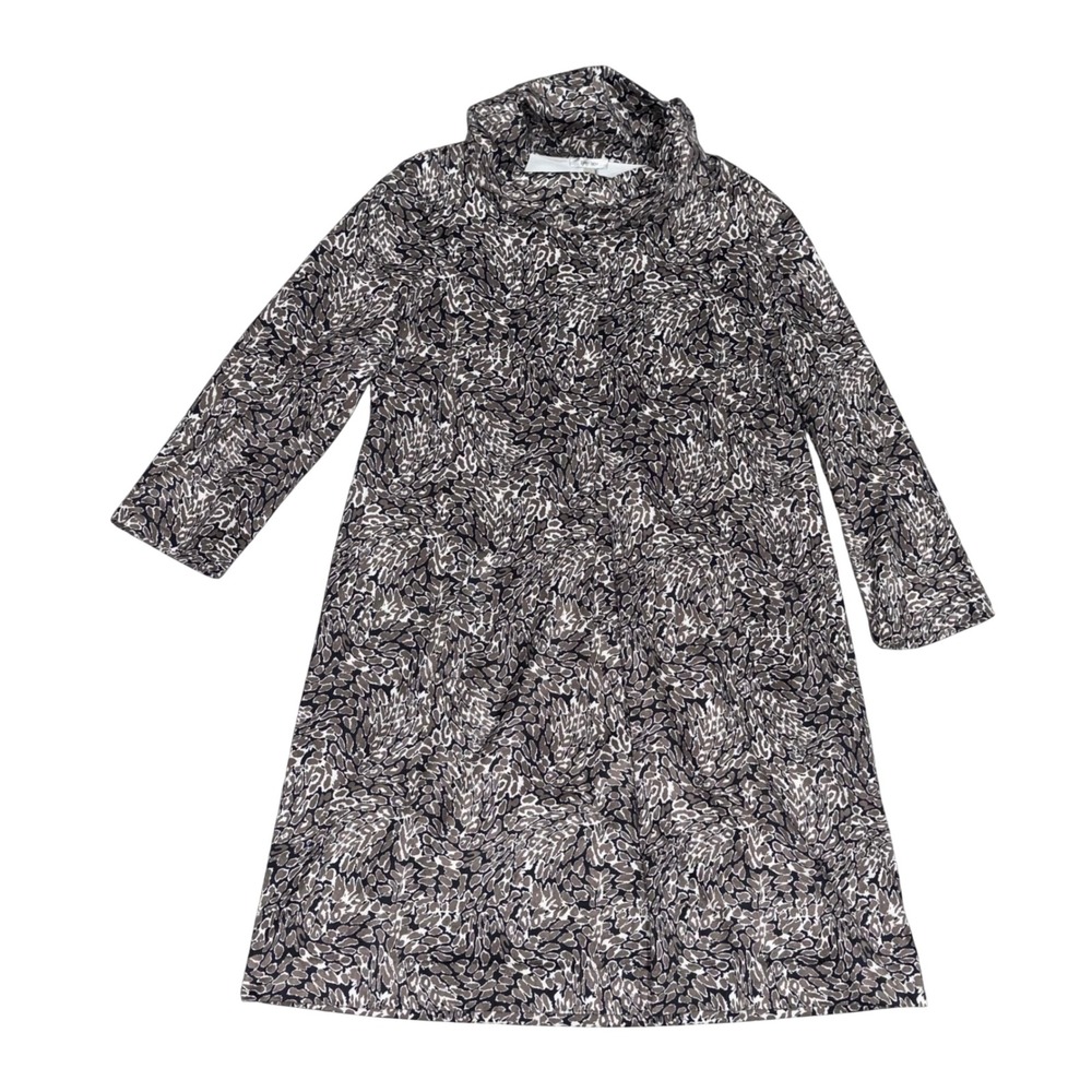 Tyler Boe Kim Cowl Neck Shift Dress Women L Brown Abstract Travel Knit EUC $200
